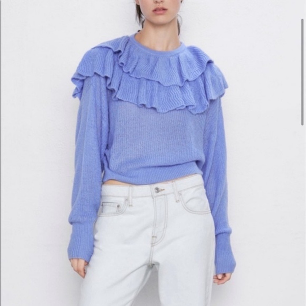 ZARA Cropped Lavender Periwinkle Sweater with Ruffle Details